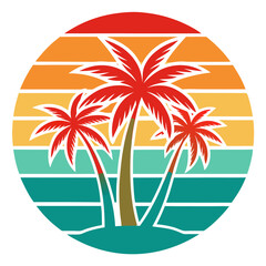 Sunburst Vacation Frame – A vibrant round badge featuring retro sun and palm trees with smooth vintage color transitions.