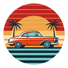 Sunset Drive Vector – A vintage car on a palm-lined road with horizontal sunset bands, clean lines, and bold geometry.