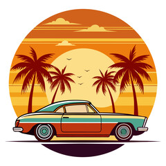 Cruise & Palms Half-Sun – A classic car and palms set against a gradient sunset, framed in a half-circle retro style.