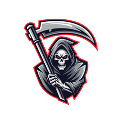 Fototapeta premium Grim Reaper logo, holding scythe, dark cloak, menacing skull.