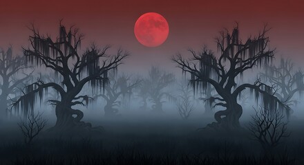 Pixel Art Spooky Swamp Landscape with Red Moon