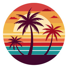 Tropical Beach Circle Vector with Bold Palm Silhouettes and Soft Sunset Gradients