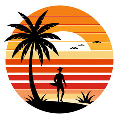 Minimalist Retro Beach Scene with Lone Surfer and Mirrored Palms in High-Contrast Sunset