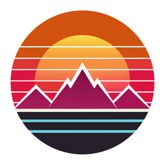 Retro Beach Scene with Palm Trees, Child Silhouette, and Bold Sun in Badge Composition