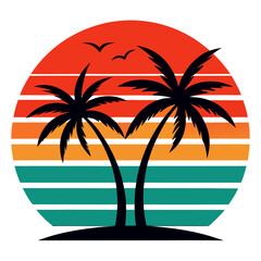 Minimal Tropical Scene with Sunset Stripes and Palm Trees Evoking Summer Nostalgia