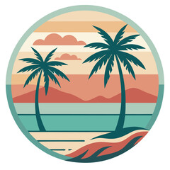 Surfer Beneath Two Palms and Setting Gradient Sun in Bold Retro Composition