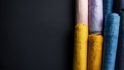 A vibrant collection of colorful rolled linen fabric samples, showcasing diverse textures, checked, 
and quilted designs, neatly arranged vertically against a contrasting dark background, copy space