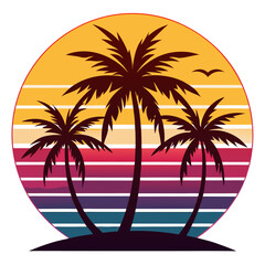 Nostalgic Palm Silhouette Scene with Horizon Gradient Stripes Inside a Clean Rectangular Frame