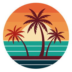 Simplified Round Sunset Vector with Balanced Palms and Ocean Waves in Retro Color Blocking