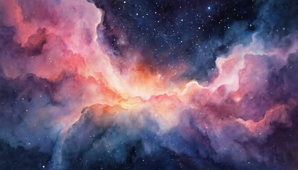 Obraz premium Cosmic nebula illustration with vibrant blue, pink, purple, and yellow stars. Watercolor brush painting of a galaxy in space. Night sky art with scattered stars, dreamy and magical atmosphere.