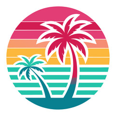 Vertical Retro Beach Vector with Bright Palm Trees, Waves, and Sun in Pink, Teal, and Yellow