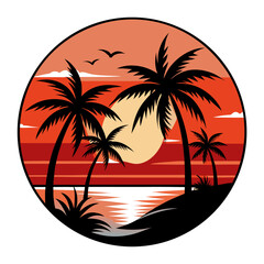 Circular Sunset Vector with Stylized Palms and Water Reflection in Bold Orange-Red Hues