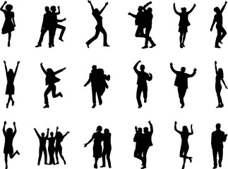 Silhouettes of people dancing, celebrating, and posing in energetic, joyful movements, ideal for creative, marketing, design, and promotional useSilhouettes of people dancing, celebrating,