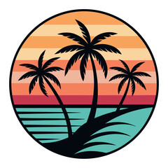 Vintage Beach Circle Scene with Calm Ocean and Two Palms in Pink-Orange Gradient Tones