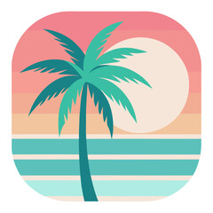 Rounded Square Retro Vector with Palm and Sun in Soft Peach, Aqua, and Pink Gradient Blocks