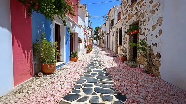 Picturesque street in Molyvos, Lesvos, Greece with beautiful flower and cobblestone decorations