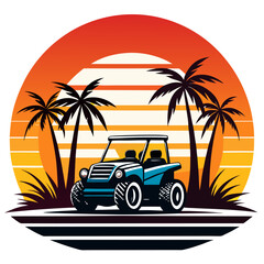 Stylized Summer UTV Design Cruising Coastline with Retro Sunstripes and Palm Silhouettes