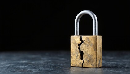 Fototapeta premium Damaged lock with missing keyholes on gray surface. Weathered, rough texture, broken lock, two holes missing, security, protection, blockage, isolation, close-up, design, graphic, illustration,