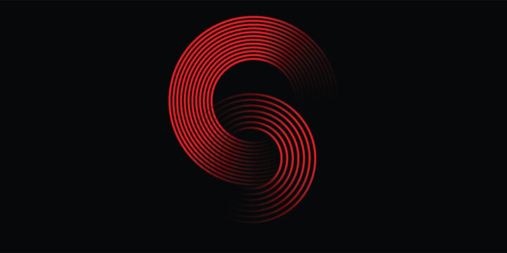 Abstract Red Spiral Formed by Concentric Parallel Lines on Black.