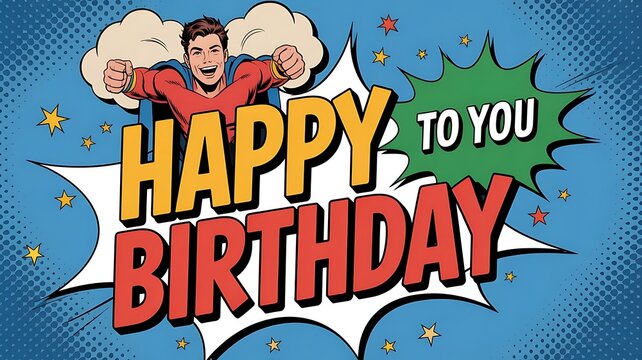 Happy Birthday Superhero Comic Book Style Illustration with Man and Speech Bubbles