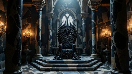 A grand, darkly lit Gothic hall features an imposing throne surrounded by ornate columns and chandeliers, creating an atmosphere of regality and mystery
