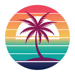 Retro Surf Artwork with Figure Approaching Ocean and Vertical Stripe Background