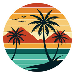 Retro Palms and Ocean Scene with Classic Sunset Stripes and High-Contrast Silhouettes