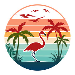 Tropical Flamingo and Palms in Retro Sunset Scene with Classic Badge Design