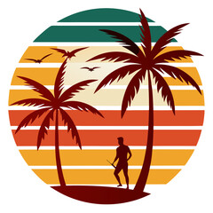 Surfer with Palm Trees Over Bold Vertical Sunset Stripes in Retro Layout