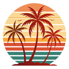 Tropical Beach Scene with Layered Sunset Stripes in Soft Vintage Palette
