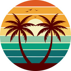 Shoreline Palms in Circular Frame with Faded Retro Sunset Bands