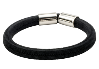 Close-up of a black elastic band with metallic closures.