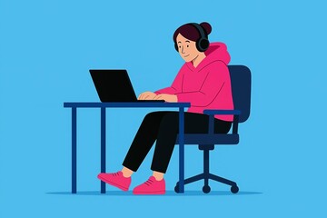 Young woman wearing headphones working on a laptop at a desk