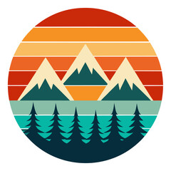 Obraz premium Mountain Scene in Circle Frame with Retro Sunset and Clean Silhouettes