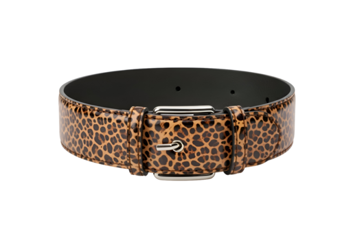 Leopard print leather belt with metal buckle.
