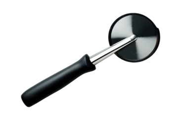 Stainless steel pizza cutter with a black handle.  A round, shiny, metallic pizza cutter blade is attached to a long, black plastic handle.  The blade is angled slightly