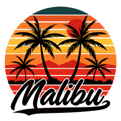 Obraz premium Flowing “Malibu” Script Under Retro Sunset with Palms