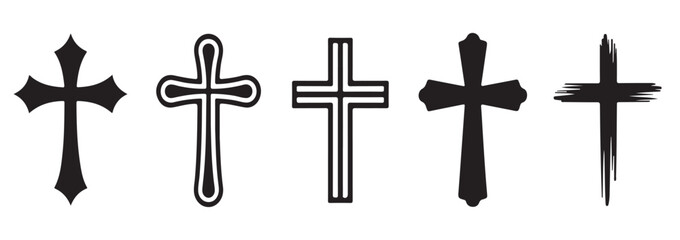 A collection of five different black crosses isolated on a white background in a horizontal row