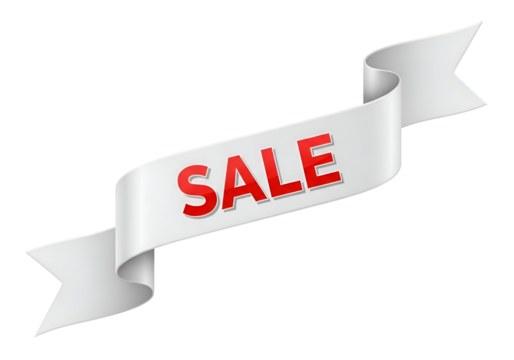 White ribbon banner with the word sale in red.