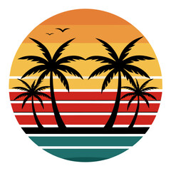 Palm and Ocean Scene Framed in a Retro Stripe Rectangle