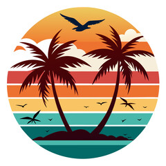 Square Sunset Scene with Flying Seagull and Palm Trees