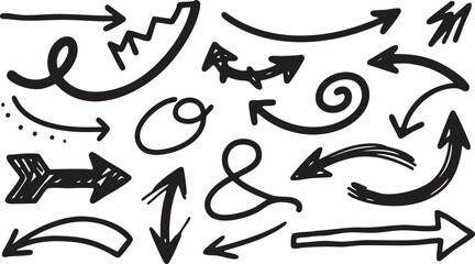 Illustration of handdrawn arrows and directional symbols isolated on a white background for design