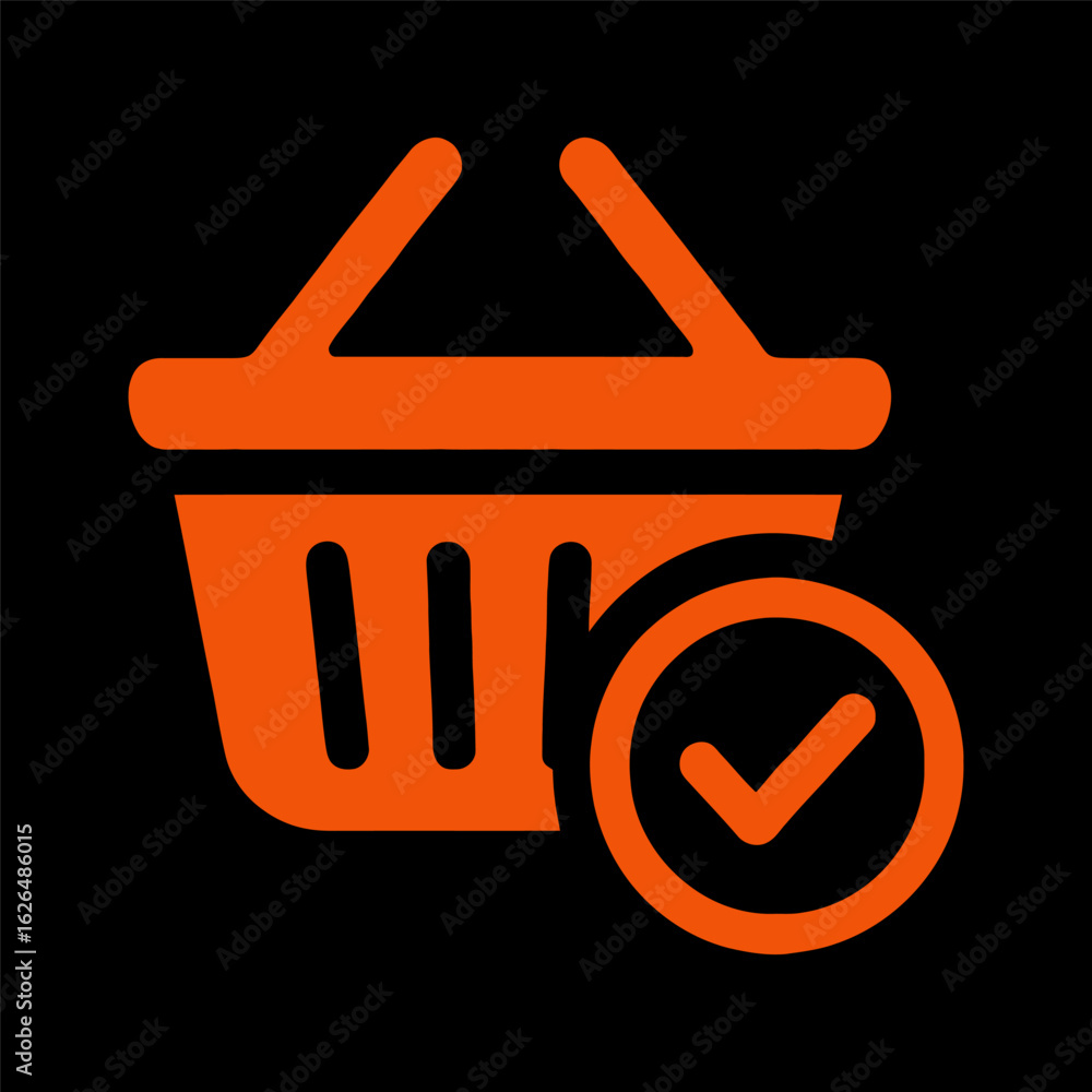 Poster a shopping cart with a check mark on it. the cart is orange and has a black background