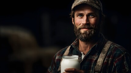 Obraz premium Rugged farmer holding a jug of fresh milk