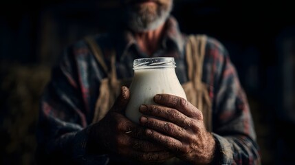 Dairy farmer holds fresh milk in a glass jar with farm to table lighting and sharp focus