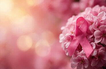Pink flowers on gray surface in loose natural formation. Bouquet of breast cancer awareness flowers. Pink ribbon attached to flower, creating subtle emphasis on cancer support. Warm blurred