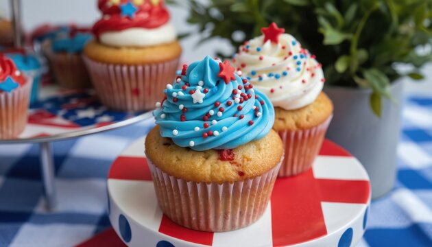 Three decorated cupcakes on blue, white striped cake stand. White frosting, blue sprinkles. Red, white checkered tablecloth, potted plant in background. Festive, colorful, holiday, celebration,