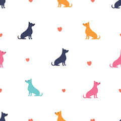 Seamless pattern with colorful cartoon dogs and red hearts on white background. Playful pet-themed design with sitting dogs in rainbow colors.
