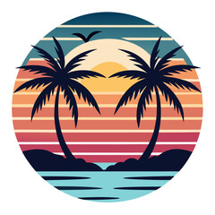 Vintage Ocean Mirror – Stylized Palm Symmetry and Sunset Scene