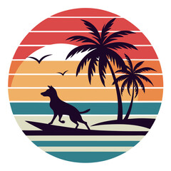Dog Surfing at Sunset &ndash; Minimalist Tropical T-Shirt Vector